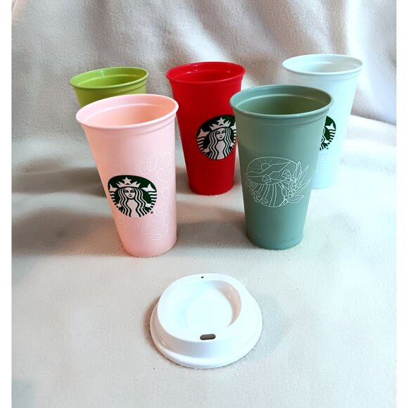 Lot of 5 Starbucks tumblers 16 oz. plastic w/ 1 lid - Easter, mermaid, other - Picture 3 of 9